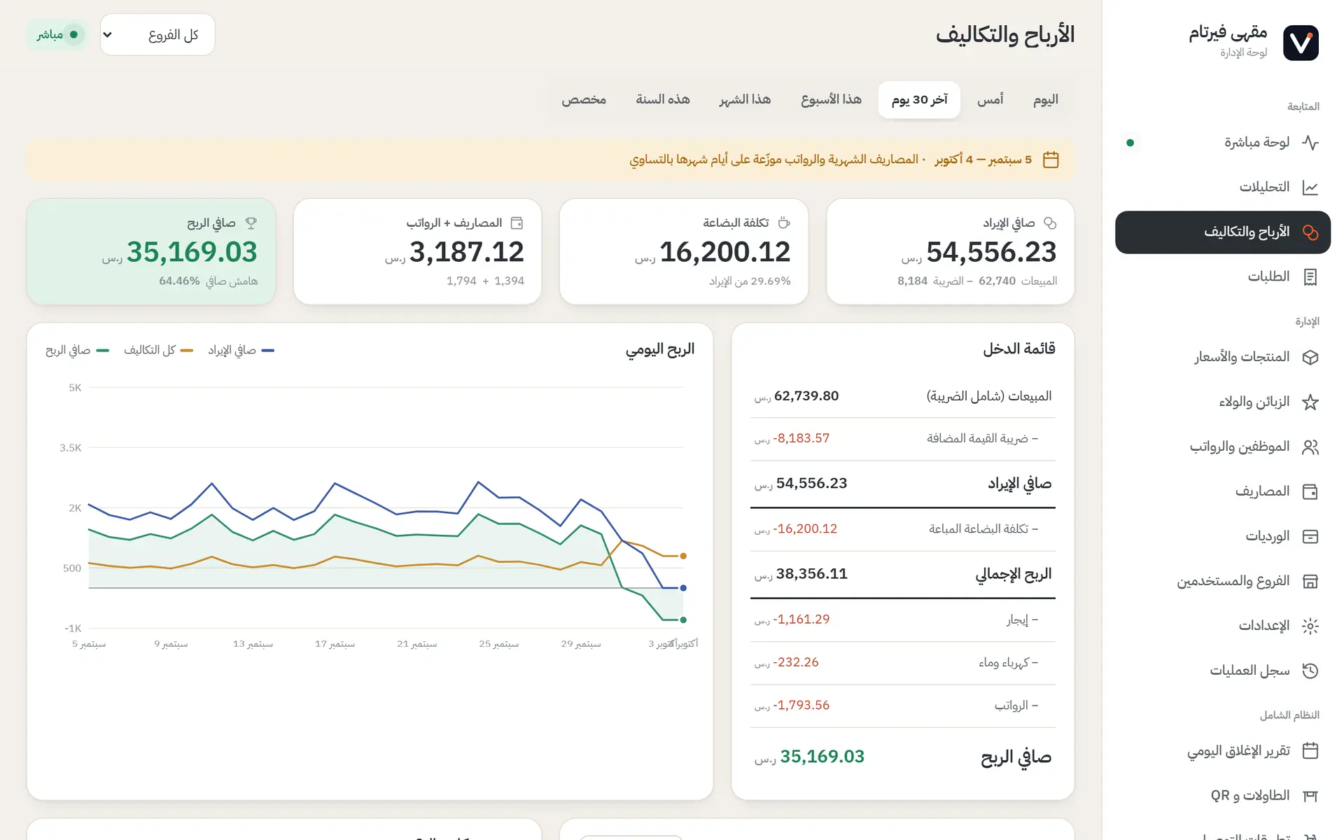 تقرير الأرباح والتكاليف في SUPER POS